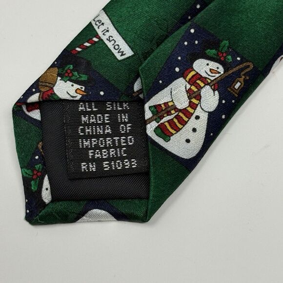 Yule Tie Greetings Hallmark Green Snowmen Holiday Necktie Christmas Vintage 62" - Picture 4 of 6